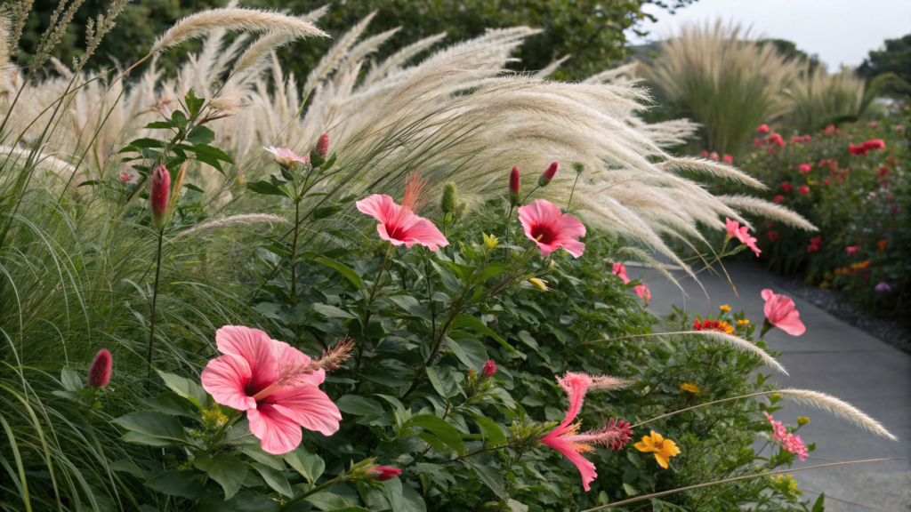 Hibiscus and Ornamental Grasses for Texture Contrast