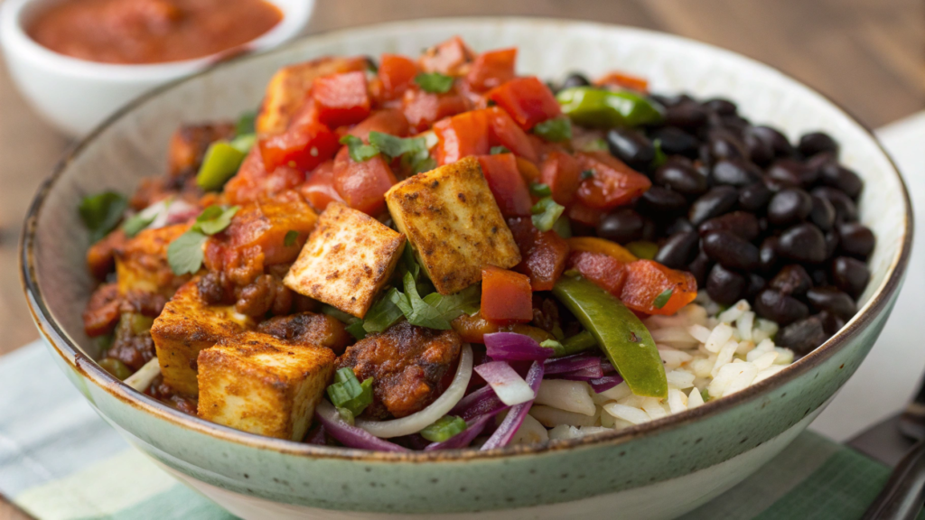 Chipotle Sofritas Bowl With Fajita Veggies and Extra Hot Salsa