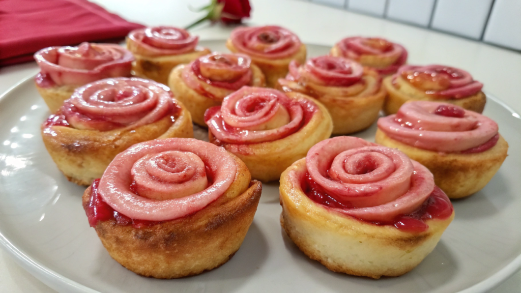 Mini rose-shaped cinnamon rolls with raspberry glaze