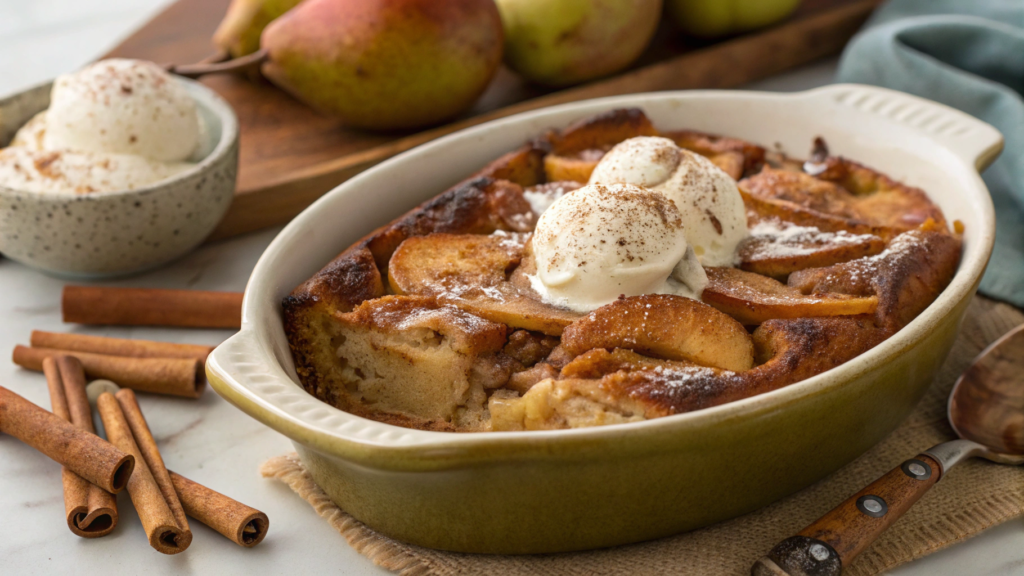Caramelized Pear Bread Pudding with Spiced Cream