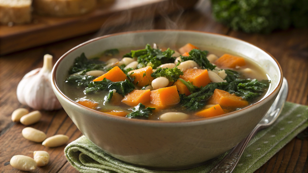 Vegetarian sweet potato and kale broth