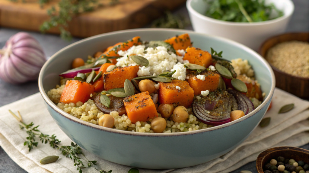 Garlic herb quinoa bowls with roasted vegetables