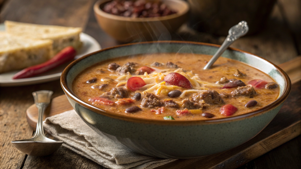 Ground beef queso chili style soup