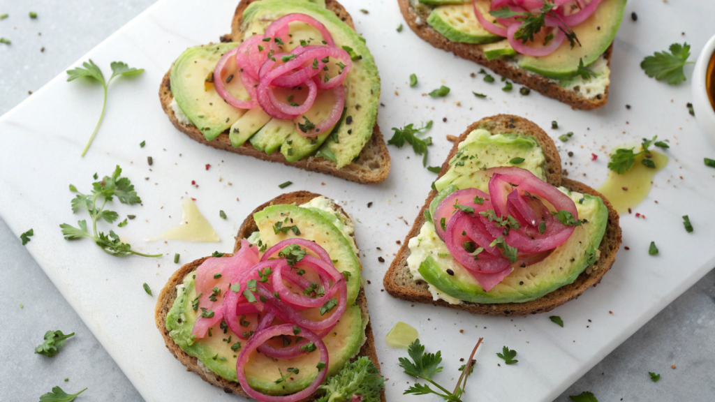 Heart-shaped avocado toasts with pickled onions