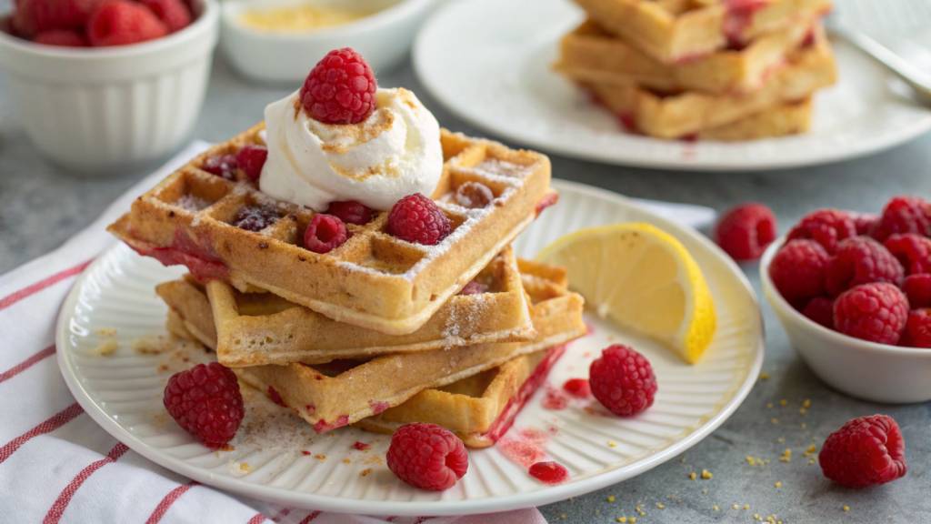 Raspberry cream waffles with lemon chantilly