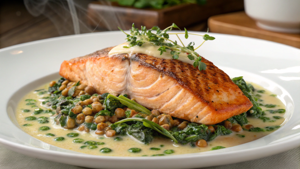 Seared salmon with creamy spinach lentils