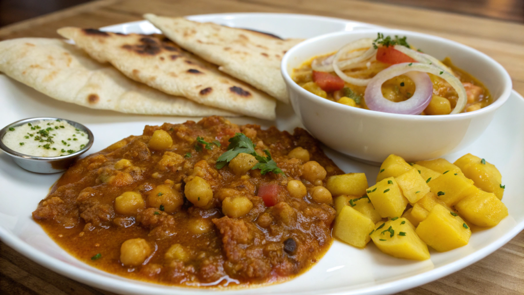 Indian Chana Masala With Garlic Naan and Mango Pickle