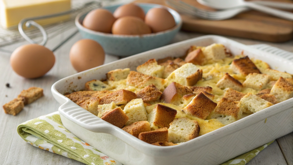 Classic breakfast casserole with bread cubes