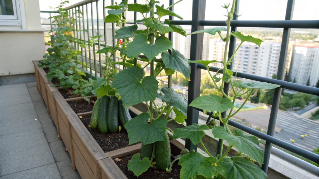 Dwarf Cucumbers That Climb a Balcony Trellis