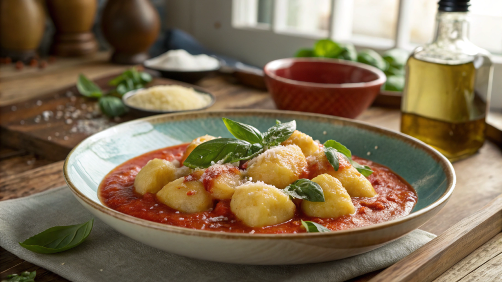 Protein-packed ricotta gnocchi in tomato basil sauce