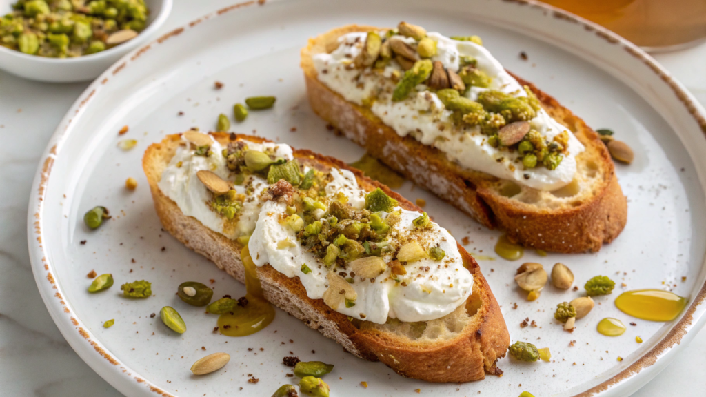 Whipped ricotta toasts with honey & pistachios
