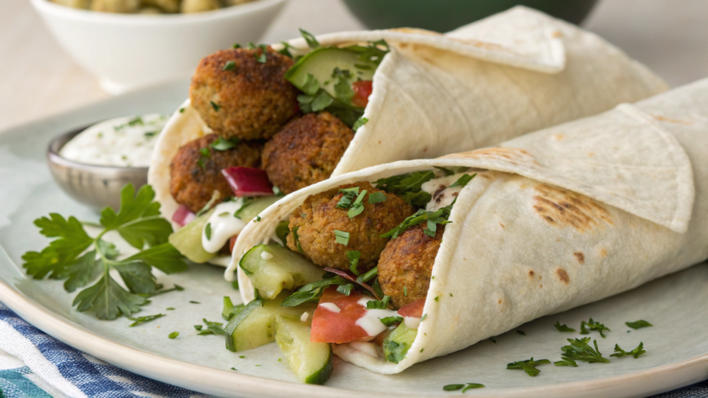 Mediterranean Falafel Wrap With Pickles and Toum