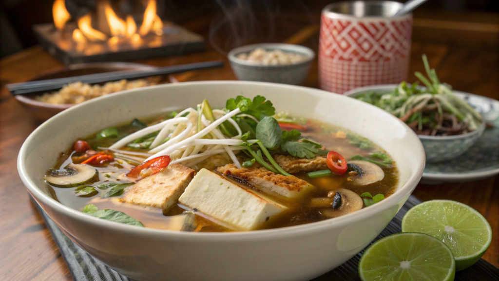 Pho Vegetable Broth Bowl With Crispy Tofu and Chili Oil