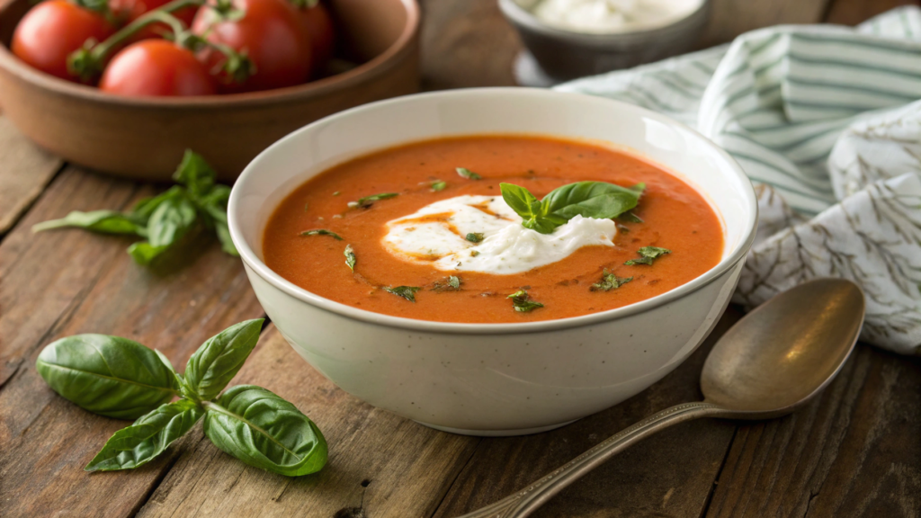 Quick Tomato Basil Soup with Greek Yogurt
