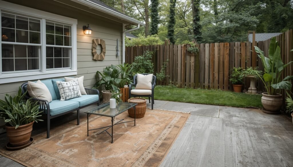 Cozy concrete patio makeover with budget-friendly decor