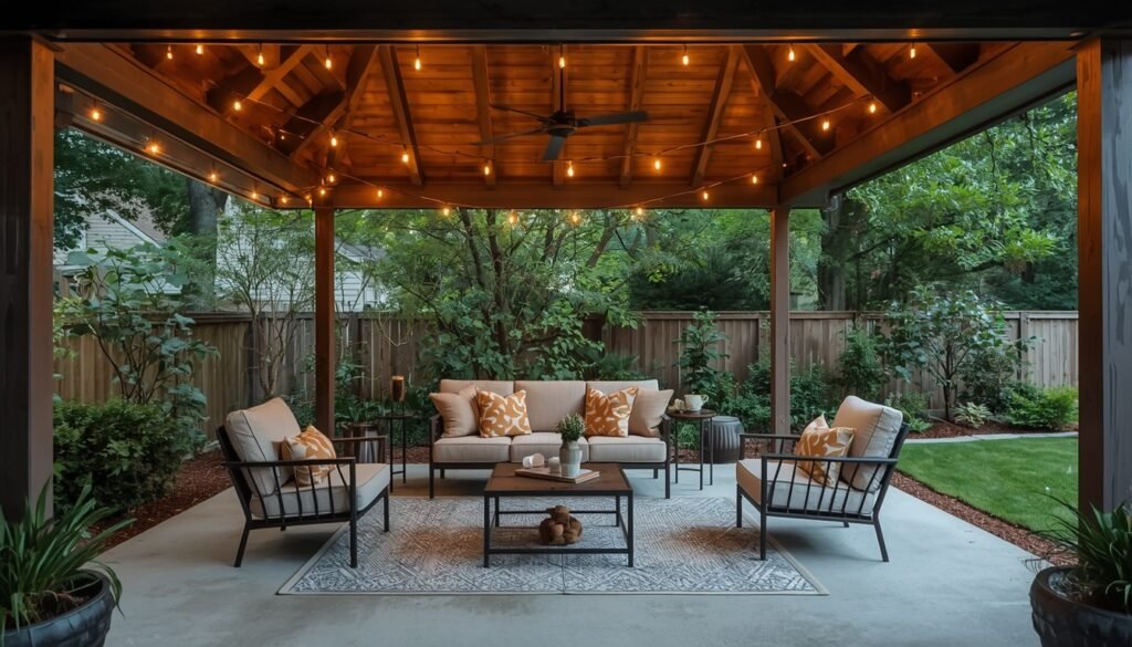 Covered patio lounge with string lights