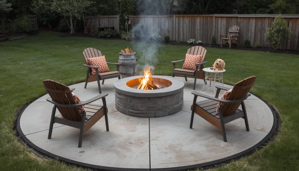 Backyard fire pit zone on a concrete base