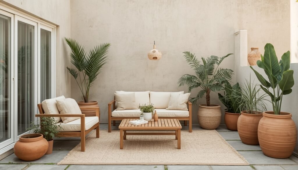Neutral palette patio with earthy textures