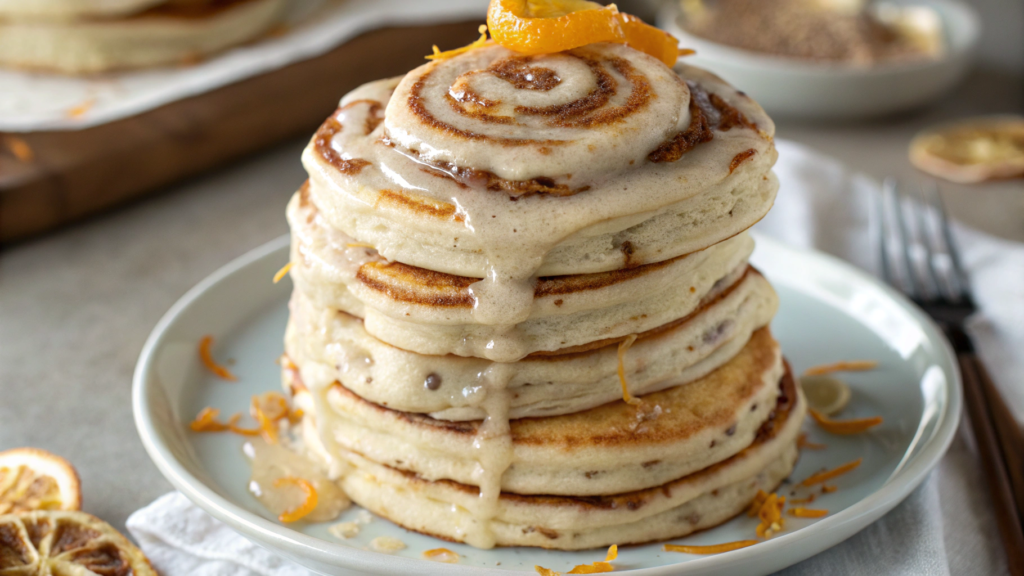 NYC diner cinnamon roll pancakes with orange zest glaze
