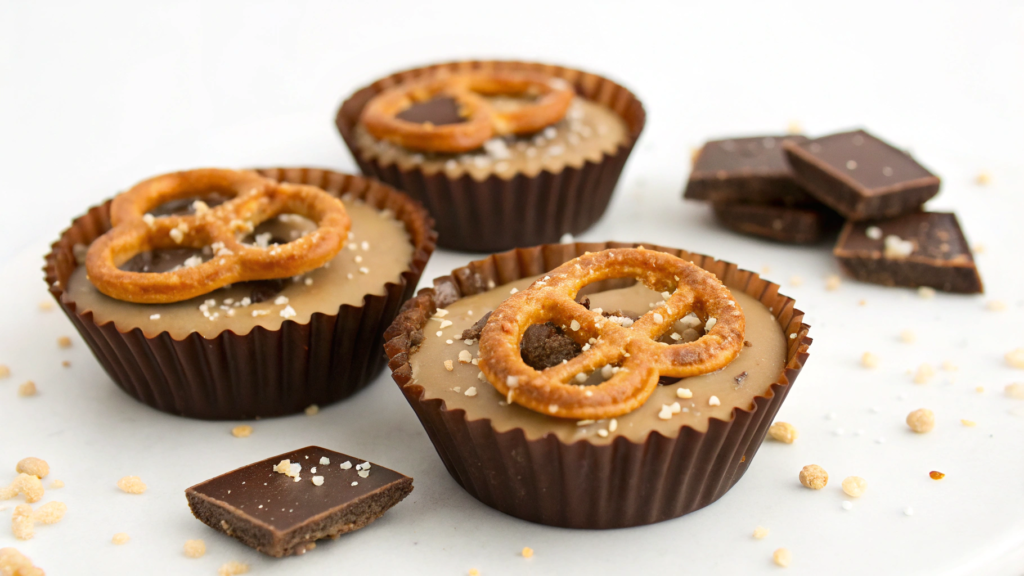 Homemade Reese’s cups with crunchy pretzel layer and flaky salt