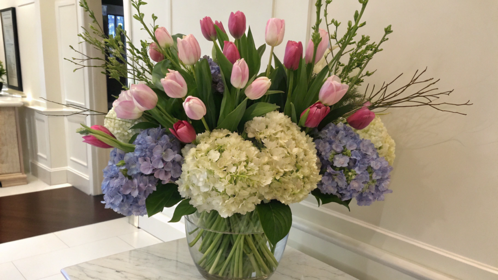 Hydrangea and tulip mix that stays upright without foam