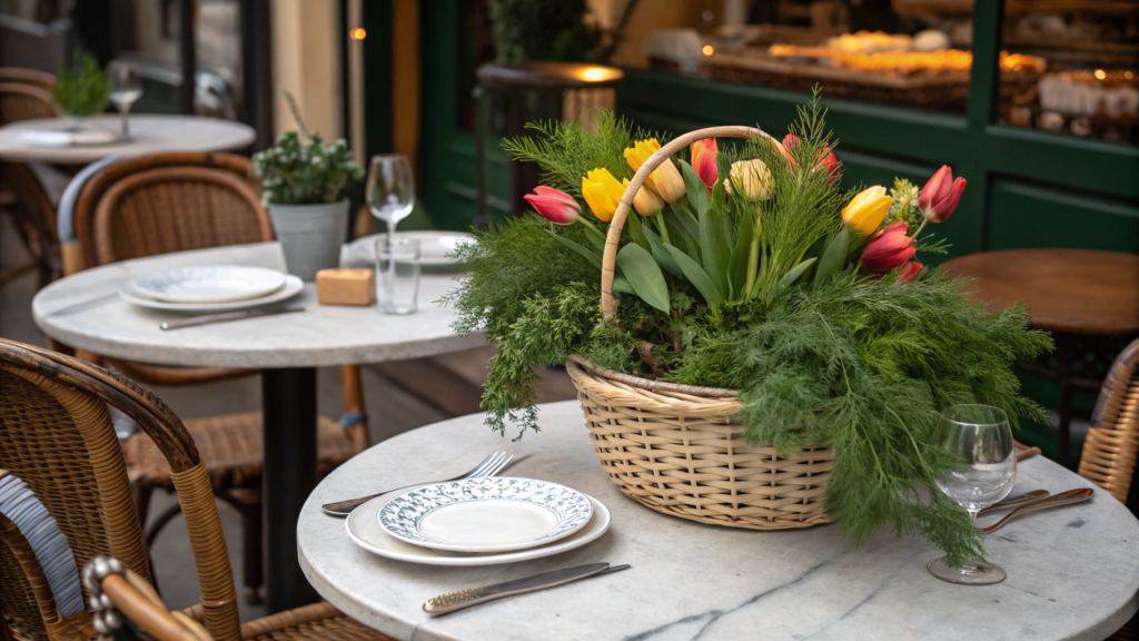 Paris bistro basket arrangement with tulips and dill