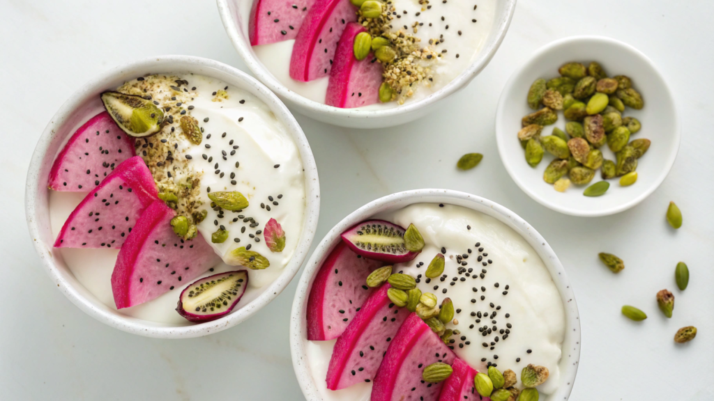 Dragon fruit yogurt bowls with lime sugar and pistachios