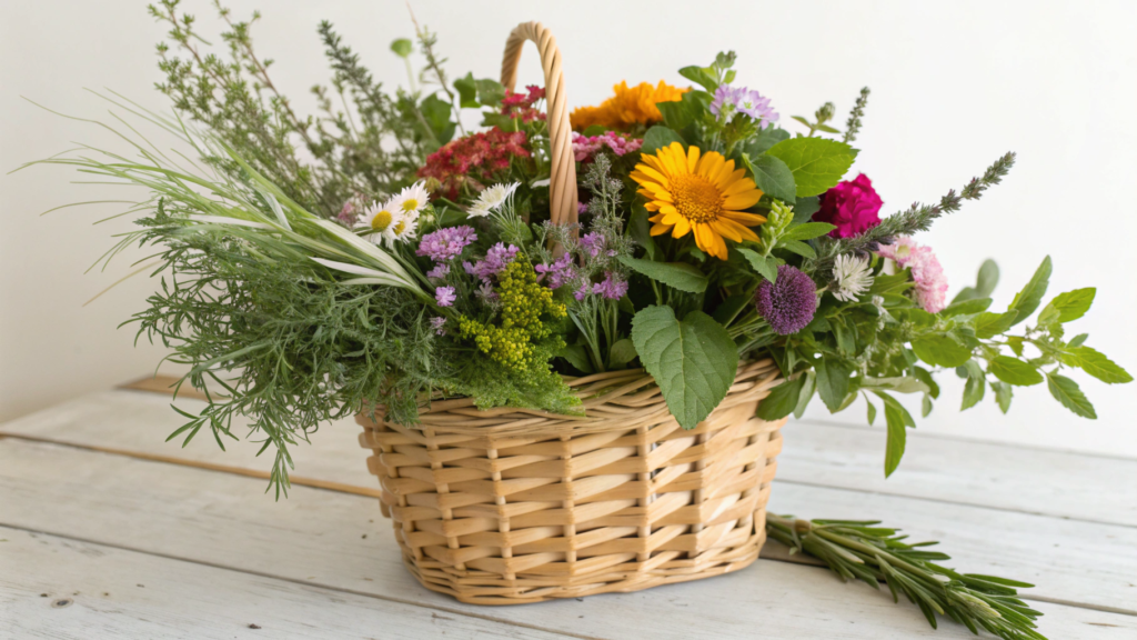 Basket Arrangement with Market Bunches and Herbs