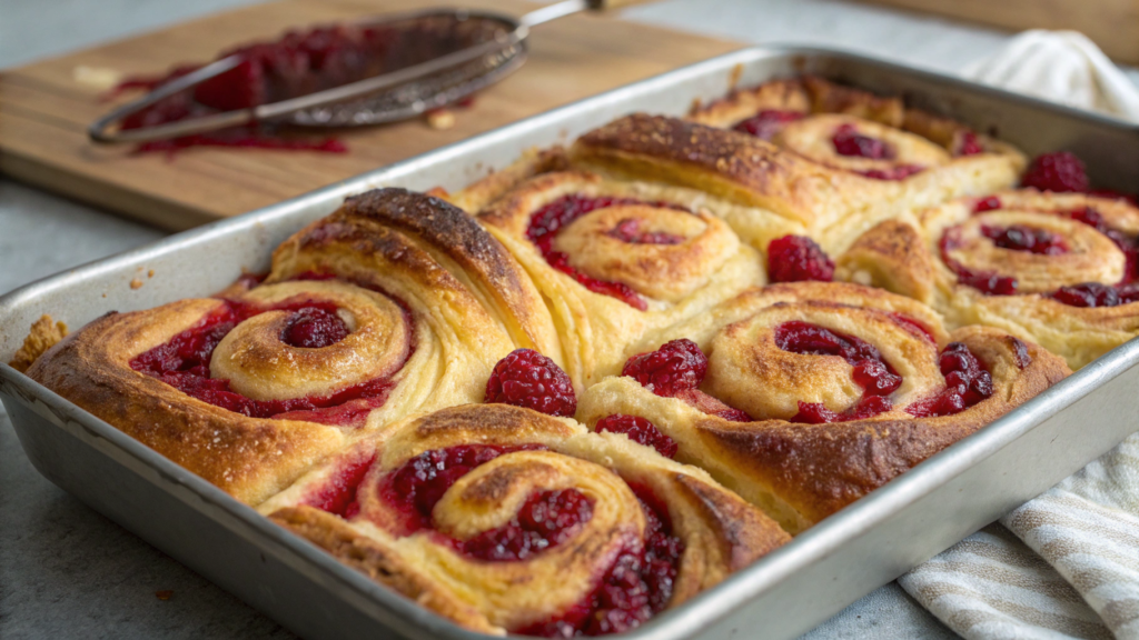 Sheet pan croissant French toast with raspberry jam swirls