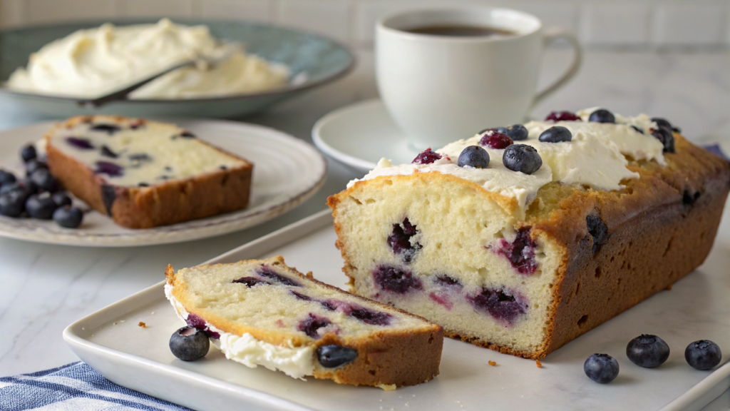 Greek Yogurt Blueberry Cream Cheese Loaf Bread With a Tender Slice