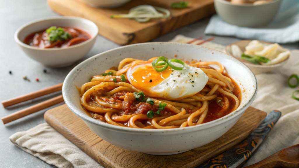 Korean gochujang butter udon with a jammy egg