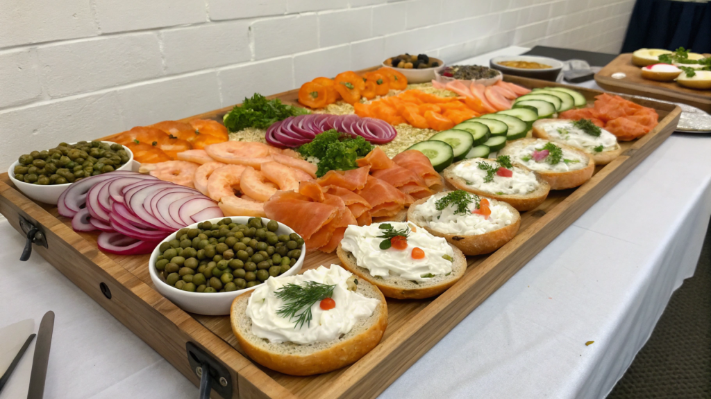 Smoked salmon bagel board with pickled shallots and capers