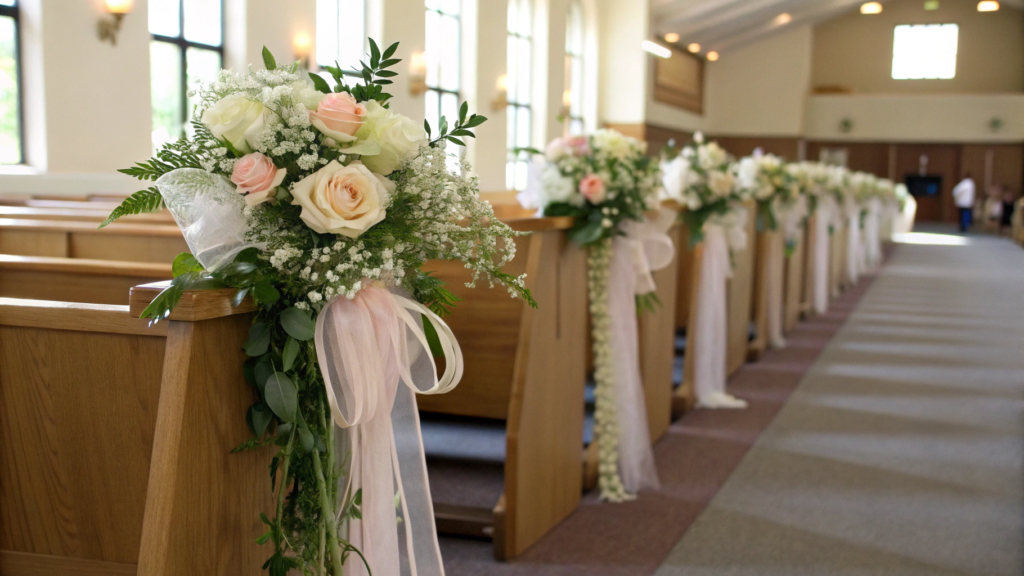 Church Pew End Florals with Ribbon and Greenery