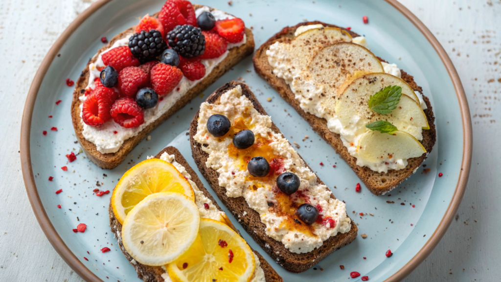 Ricotta toast trio with hot honey, lemon, and berries