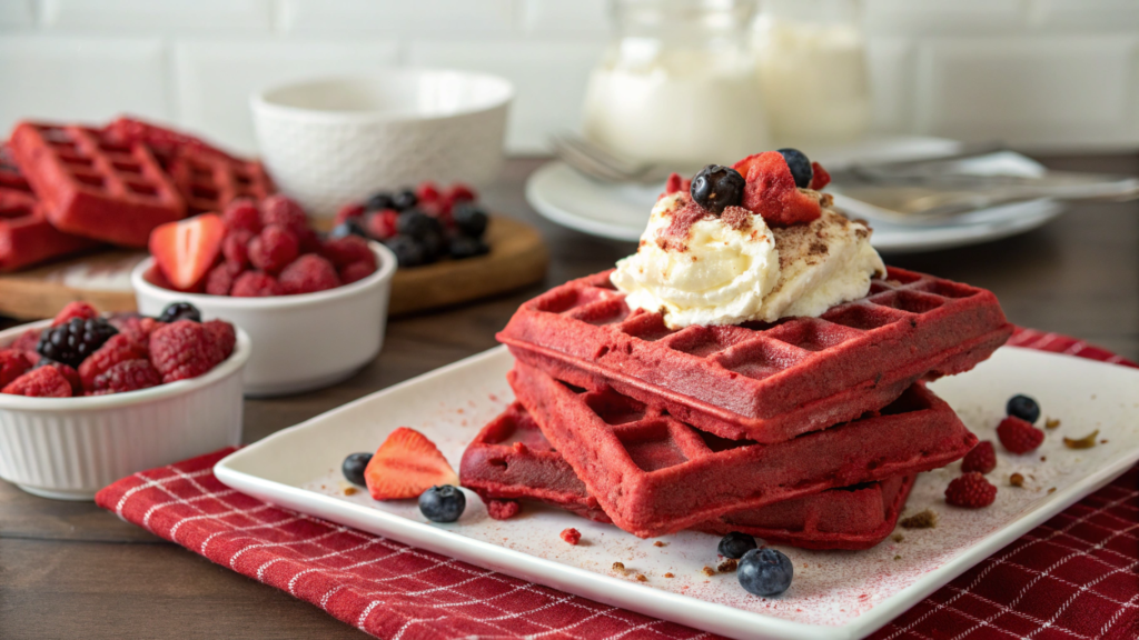 Red velvet waffles with cream cheese cloud topping