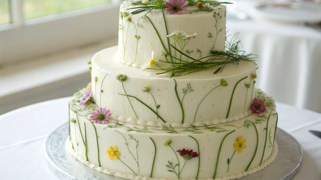 Wildflower Wedding Cake With Simple Piped Stems