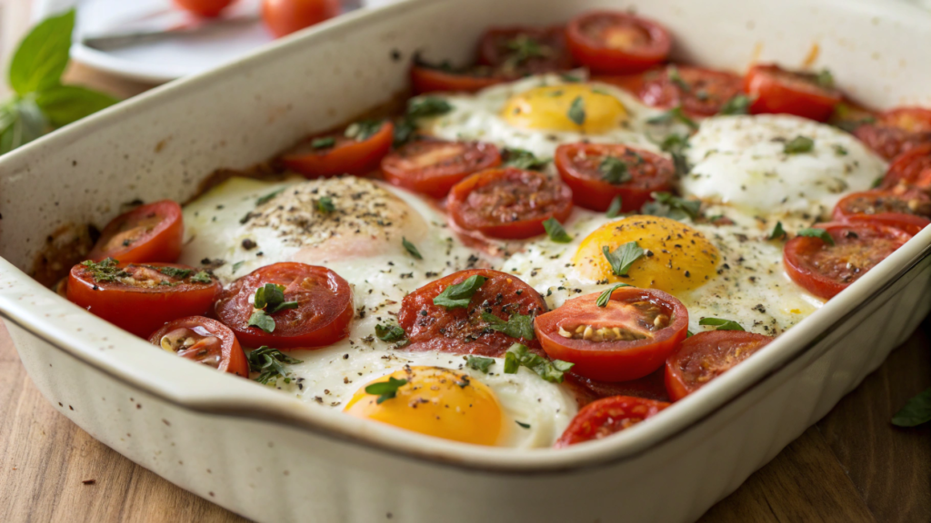 Baked feta eggs with cherry tomatoes and oregano