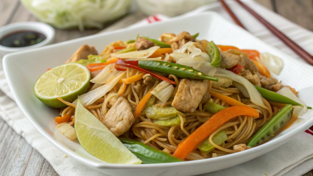 Filipino pancit canton with citrus soy finish