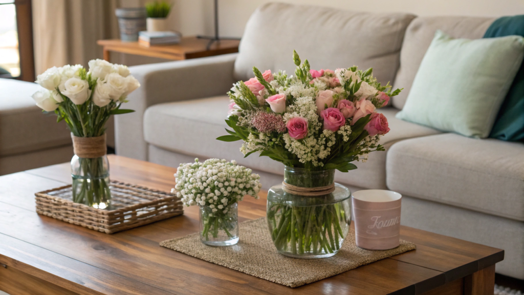 Home decor coffee table trio using one bouquet