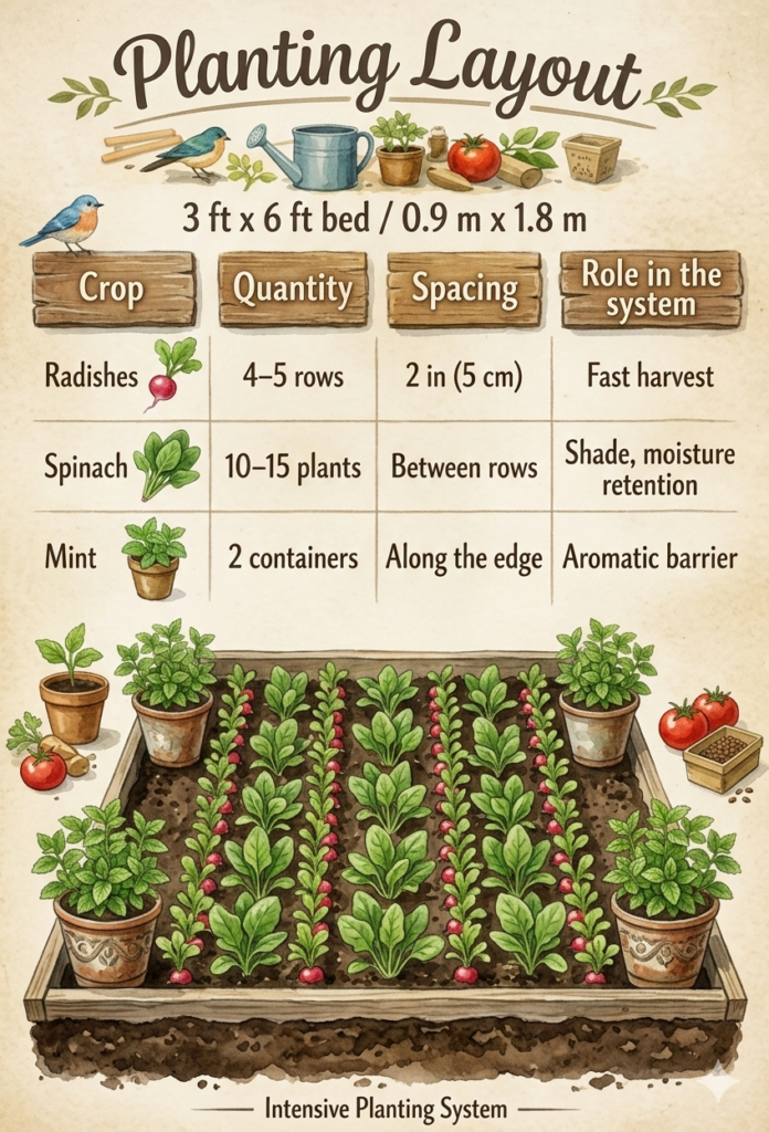 Planting Layout (3 ft x 6 ft bed / 0.9 m x 1.8 m)