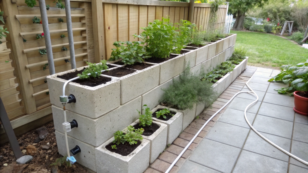 Cinder Block Herb Wall With Hidden Drip Line