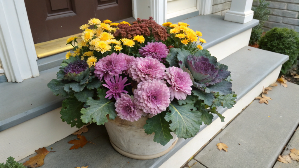 Mums and Ornamental Kale Front Porch Pot