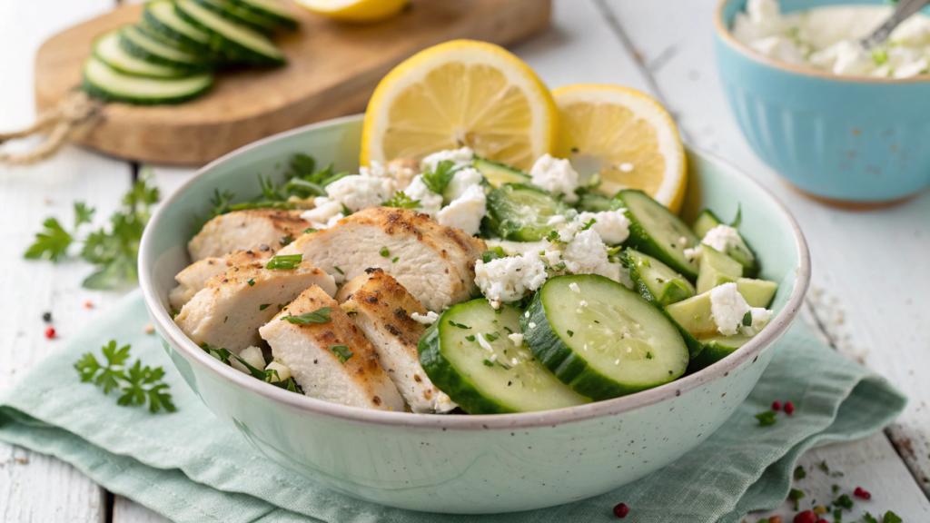 Santorini Lemon Chicken Bowls With Cucumber Feta Salad