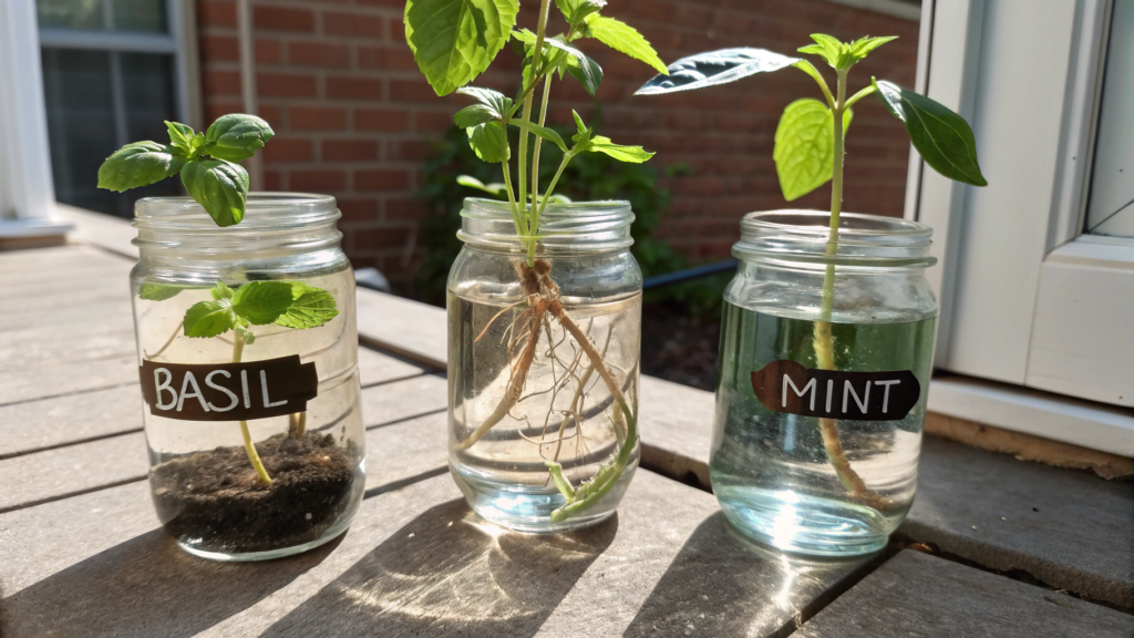 Dollar store jar propagation station for basil and mint cuttings