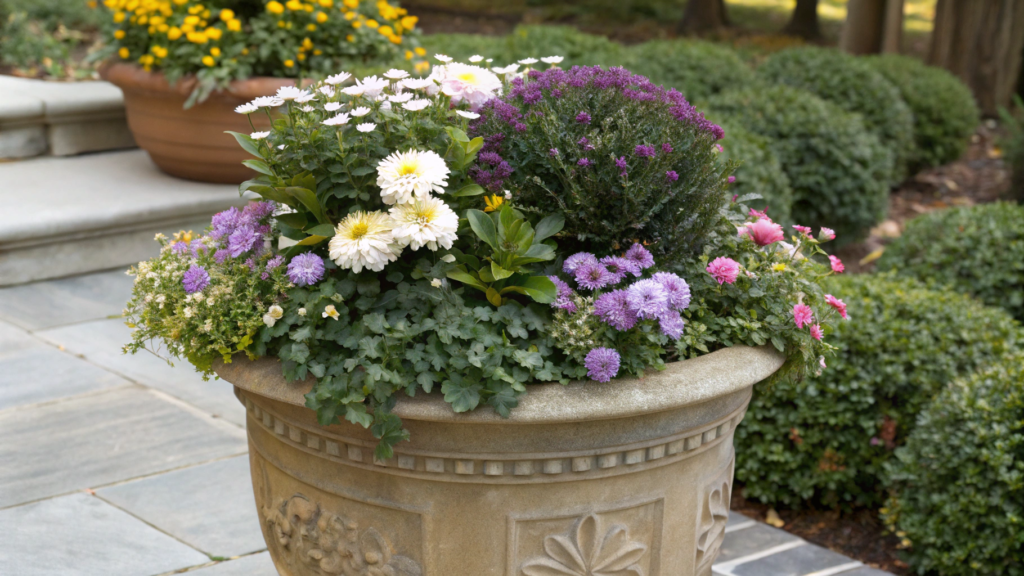 Evergreen Base Pot With Boxwood and Seasonal Blooms