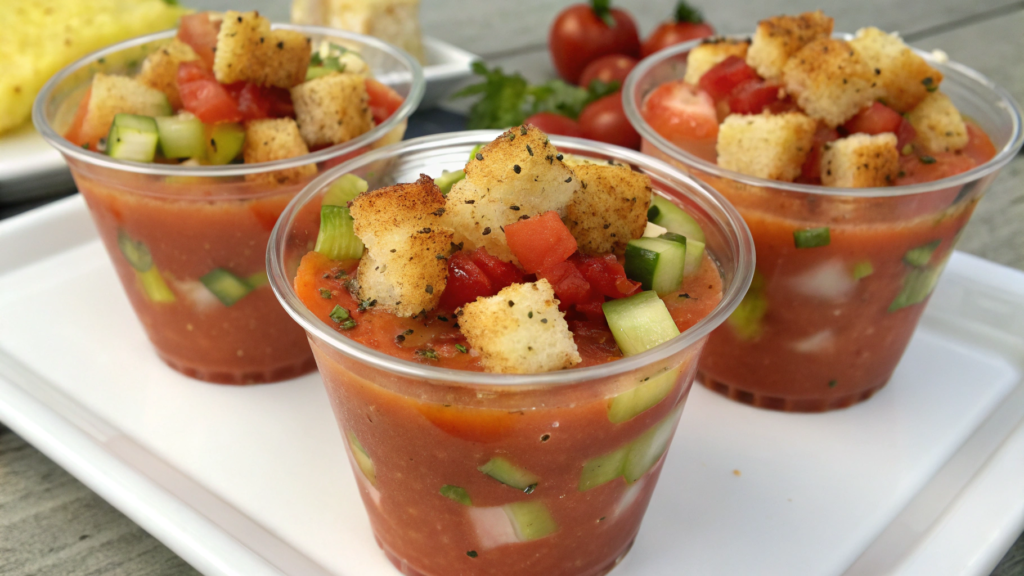 Hot Day Gazpacho Cups With Garlic Crouton Crunch