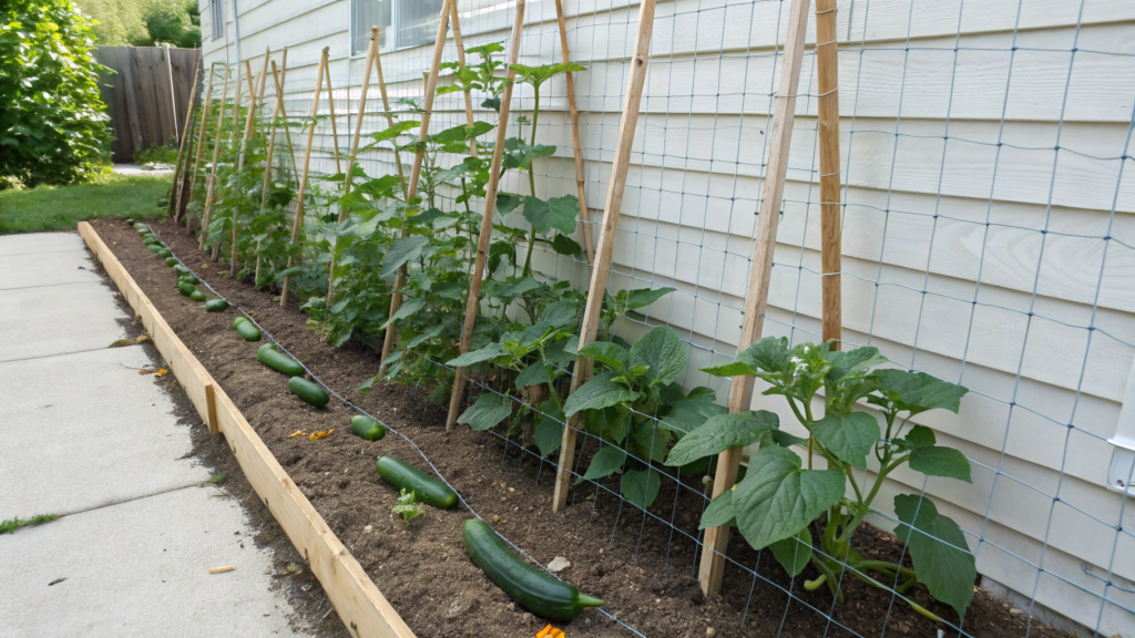 Pepper and Cucumber Support Setup Using One Trellis Line