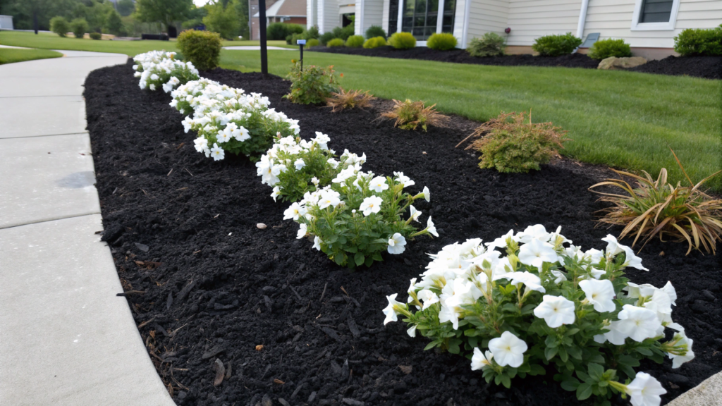 Black Mulch Contrast Bed With White Blooms