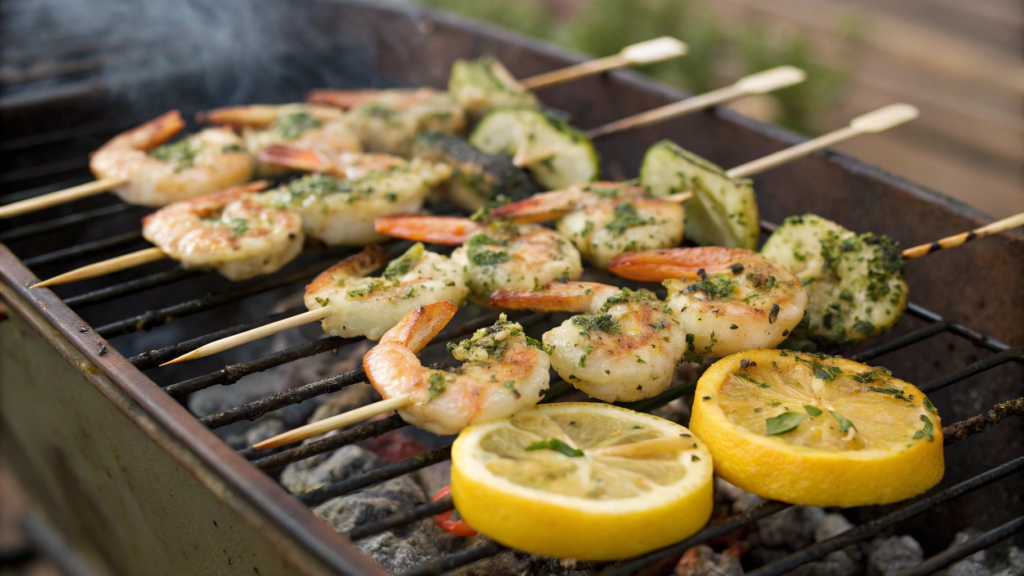 Grilled Pesto Shrimp Skewers With Charred Lemon Butter