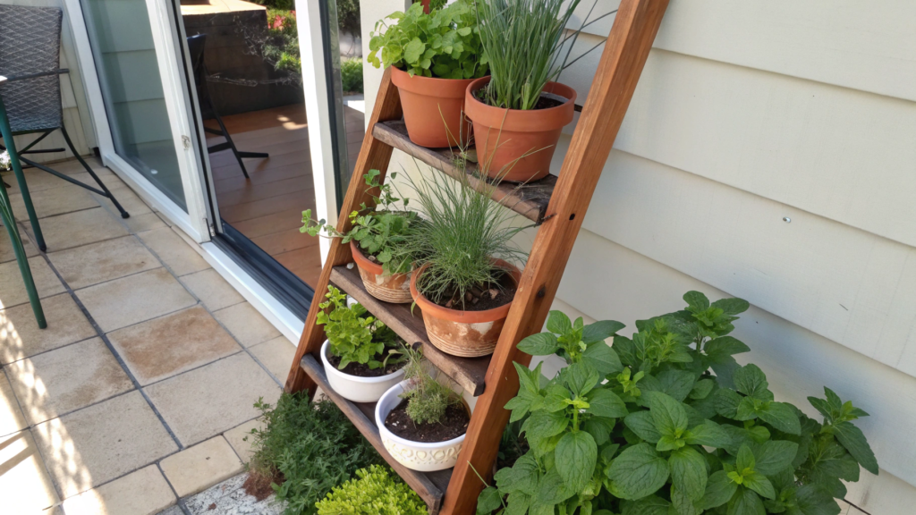 Leaning ladder herb wall for mint thyme and chives